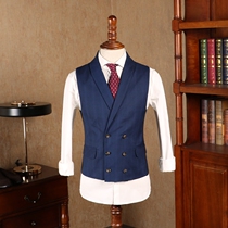 IsirHonour Exclusive vintage gentleman blue plaid green fruit collar suit vest double breasted plaid horse clip men