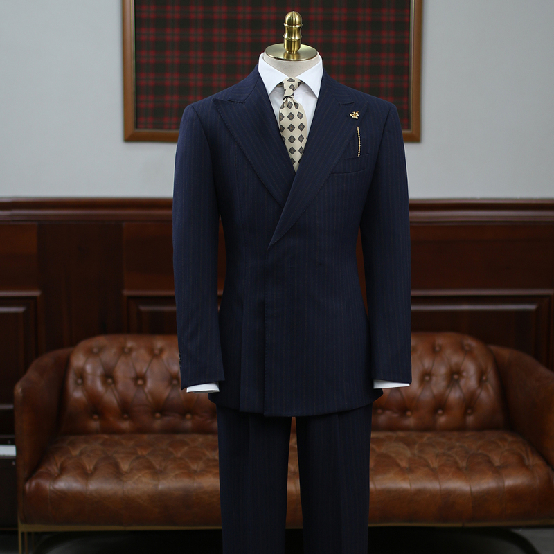 Isirhonour Italian-Style Business Striped Notch Lapel Double-Breasted Navy Blue Suit Set for Men, British Gentleman Suit