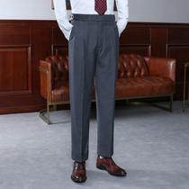 IsirHonour Napoli worsted wool striped high waist double pleated small straight tube Paris buckle roll trim mens trousers