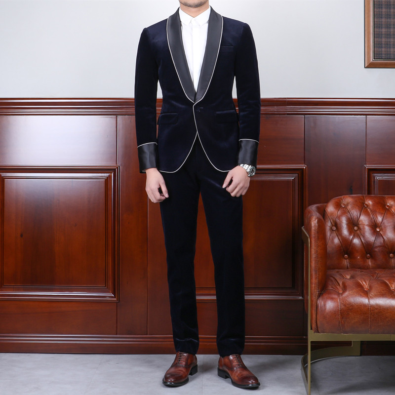 IsirHonour Yinglen Retro Dark Blue Green Fruit Collar Webbing Dress Suit Light Core Suede Suit Man Tide