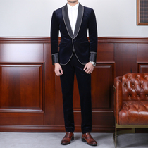 IsirHonour British retro dark blue green fruit collar ribbon dress suit suit Corduroy suit mens trend