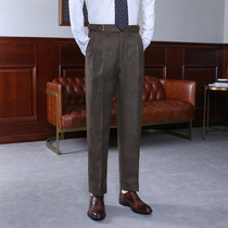 IsirHonour Napoli double buckle double pleated high waist trousers Paris buckle Plaid small straight roll trousers men