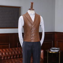 IsirHonour homemade European and American street retro lapel collar brown PU leather slim double breasted horse clip mens clothing
