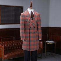 IsirHonour European and American retro green fruit collar Orange houndstooth double breasted wool medium long coat jacket men