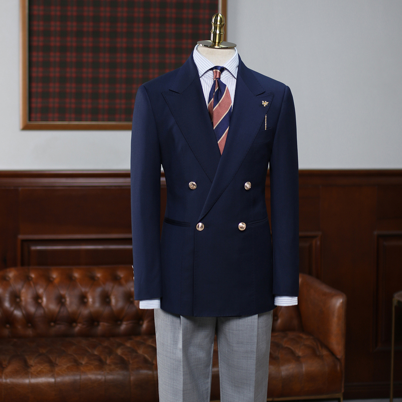 Isirhonour Italian Navy Blue Worsted Wool Blazer Double-Breasted Suit British Gentleman Suit for Men