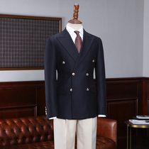 IsirHonour Europe and the United States Navy blazer double-breasted slim suit Metal buckle webbing Bray jersey suit men