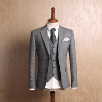 IsirHonour European and American retro gray khaki Plaid slim suit suit British gentleman Korean suit mens suit