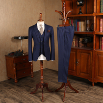 IsirHonour European and American retro dark blue striped slim fit suit three-piece British gentleman suit suit suit men