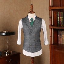 IsirHonour Exclusive Vintage lapel collar vest British Gray Plaid double breasted slim plaid mens horse clip