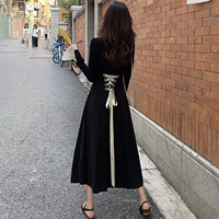 2020 long skirt French Hepburn style little black dress design niche waist slimming dress for small people spring and autumn