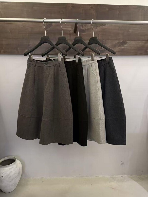 Anruila One-Button 50% Wool Cropped Pants for Women, Autumn and Winter High-Waisted Versatile Wide-Leg Lantern Pants, Casual Mid-Length Pants