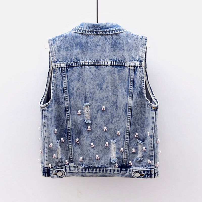 Denim chuồng ngắn 2019 mùa thu váy xe mới hoa của phụ nữ dán nặng hạt móng tay hàng đầu triều sinh viên vai