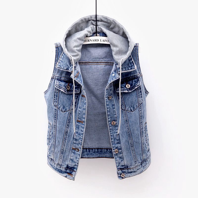 Denim Vest for Women, Short Korean Style Spring New Versatile Slim Fit Hooded Jacket, Sleeveless Student Top, Trendy