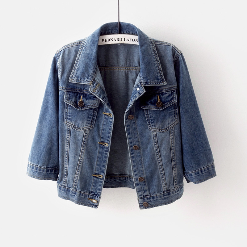Áo khoác nữ denim đoạn ngắn mùa xuân và mùa thu mới phiên bản Hàn Quốc của áo khoác bảy điểm lỏng lẻo áo khoác cardigan sinh viên hoang dã áo khoác nữ de thương