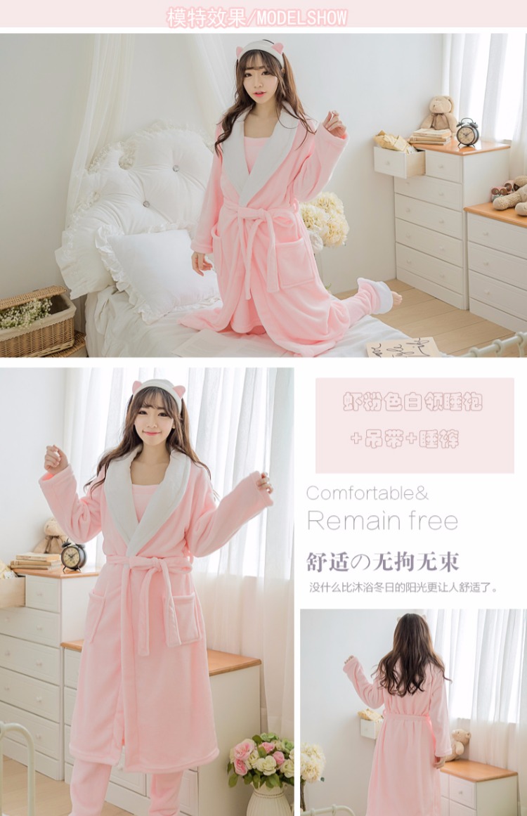 Áo ngủ mùa đông nữ flannel áo choàng tắm đồ ngủ dày yukata san hô lông cừu kích thước lớn dịch vụ nhà ba mảnh set do ngu sexy