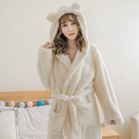 Mùa thu và mùa đông cộng với áo ngủ dài flannel phụ nữ trùm đầu áo choàng tắm màu trắng Yudou dày lông cừu áo tắm áo tắm áo ngủ