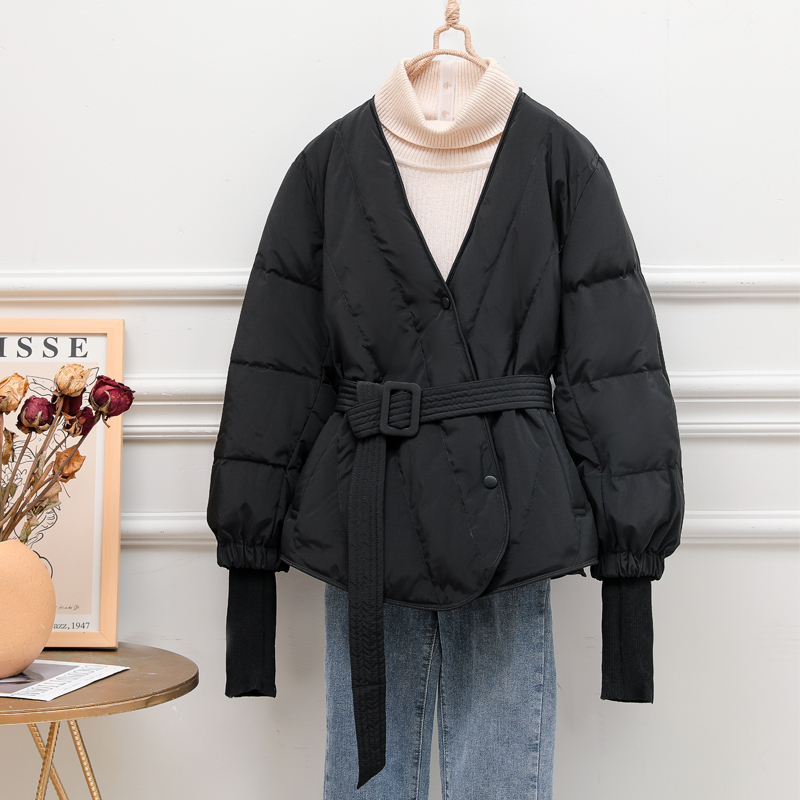 New Winter Clothing 2026 Korean Style V-Neck down Jacket for Women, Mid-Length, Waist-Cinching, Tie-Up, Fashionable Single-Breasted, White Duck Down, Trendy