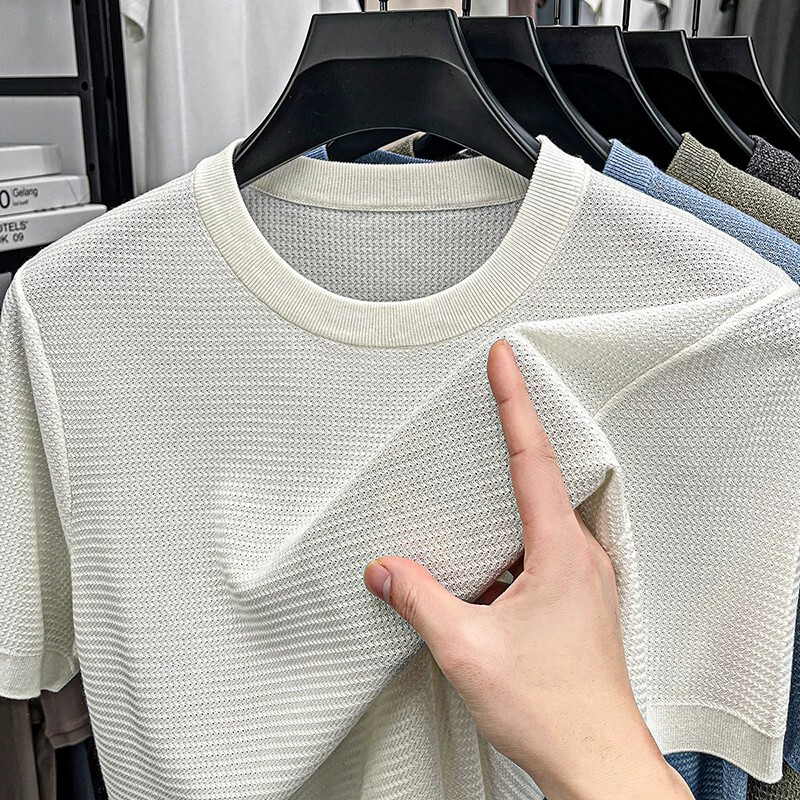 Monesr【14-Needle Tencel】High-End Italian-Style Hollow-Out, Cool and Breathable Short-Sleeve Men's Casual Gray T-Shirt with Round Neck Monesr【14-Needle Tencel】High-End Italian-Style Hollow-Out, Cool and Breathable Short-Sleeve Men's Casual Gray T-Shirt with Round Neck