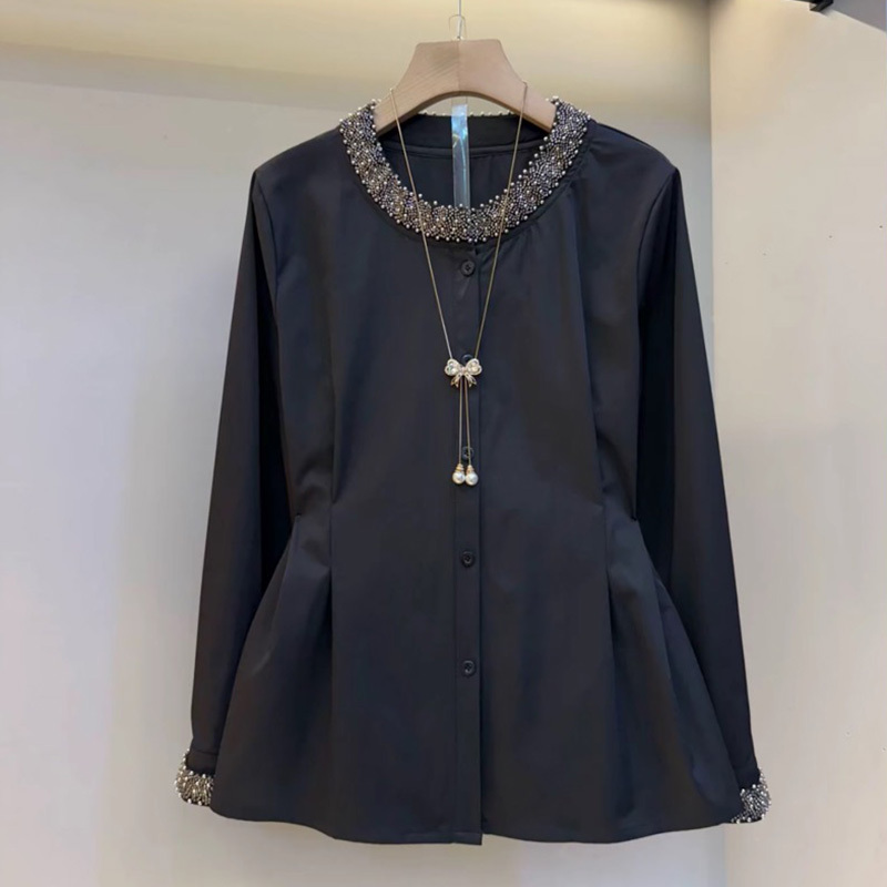Plus-Size Black Elegant Waist-Cinching Top, Autumn Clothing, Large Size, Heavy Beading, Round Neck, Long-Sleeved Slimming Shirt for Women
