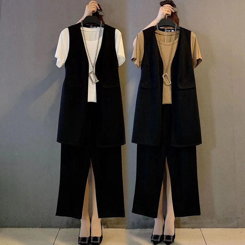 Plus-Size Women's Loose Simple Design Versatile Vest Slimming Pants Three-Piece Set Spring and Summer Large Size Casual Fashion Outfit for Women