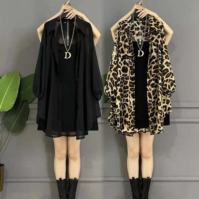 Plus-Size Fat Girl's Slimming and Fashionable Outfit Set: Mid-Length Sun-Protective Shirt and Suspender Dress, European Style Two-Piece Set