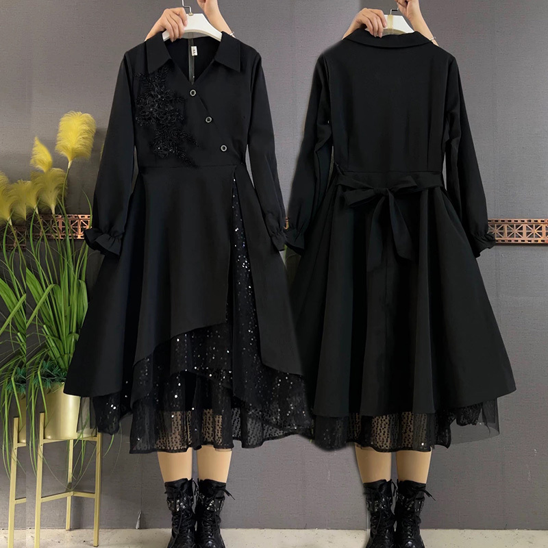 Plus-Size Fashion Sequin Lace Patchwork Slimming Shirt Dress Spring Outfit Large Size High-End Diagonal Placket Slit Dress for Women