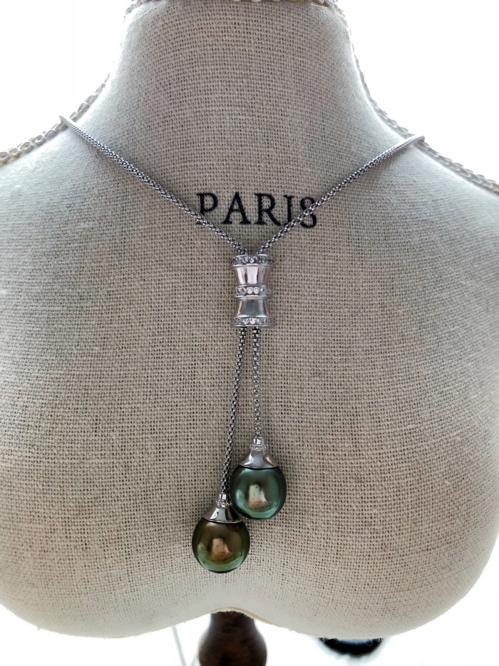 ★MERMAID★ Strange color RICH DROP Tahitian BLACK PEARL two-way adjustable Sterling SILVER sweater CHAIN