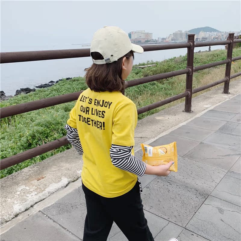 Cô gái sọc tay áo T-shirt 2019 mùa thu váy mới trẻ trung và cũ sinh viên trẻ em mặc một giả hai mảnh dài tay hàng đầu.