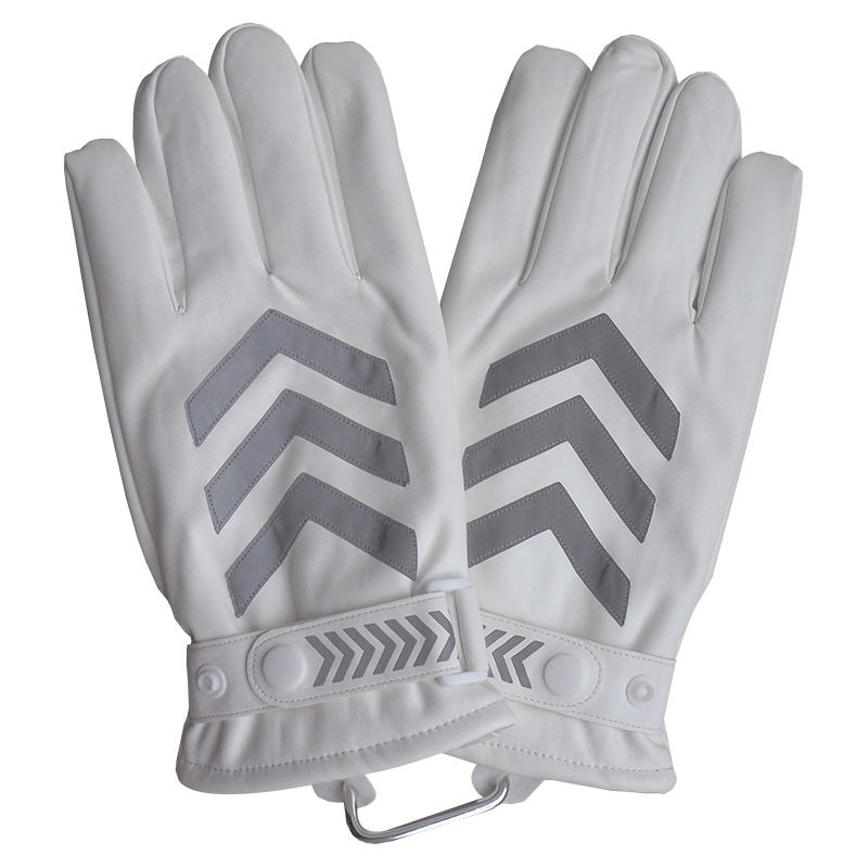 Winter velvet reflective leather gloves Traffic warm men and women security command road administration thickened lint white and black leather gloves