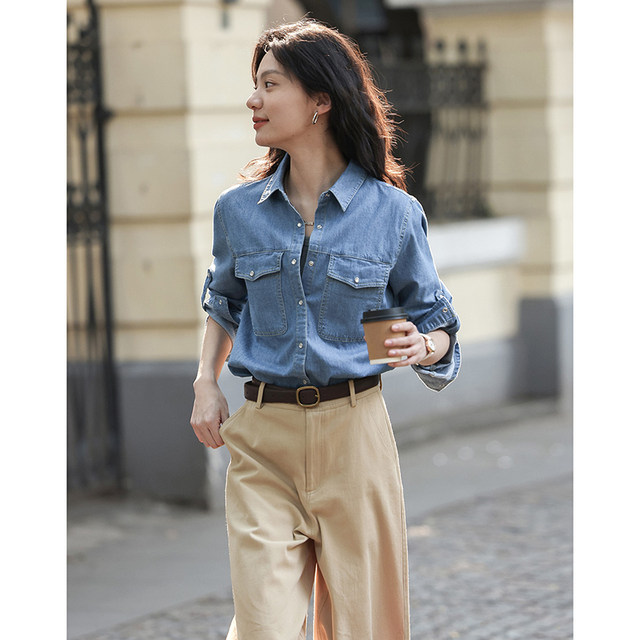 Demana 2024 spring denim shirt women's casual fashion lazy style long-sleeved shirt blue top