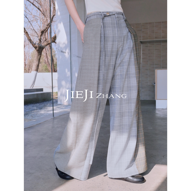 Zhang Qi Jieji Women's Casual Pants Versatile Slimming High-Waisted Straight Pants 2026 Color-Blocked Plaid Long Pants