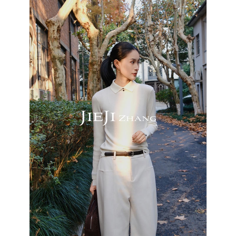 Zhang Qi Jieji2026 New Autumn Collection Sheep Wool Design Knitwear with Polo Collar for Women's Workwear Sweater