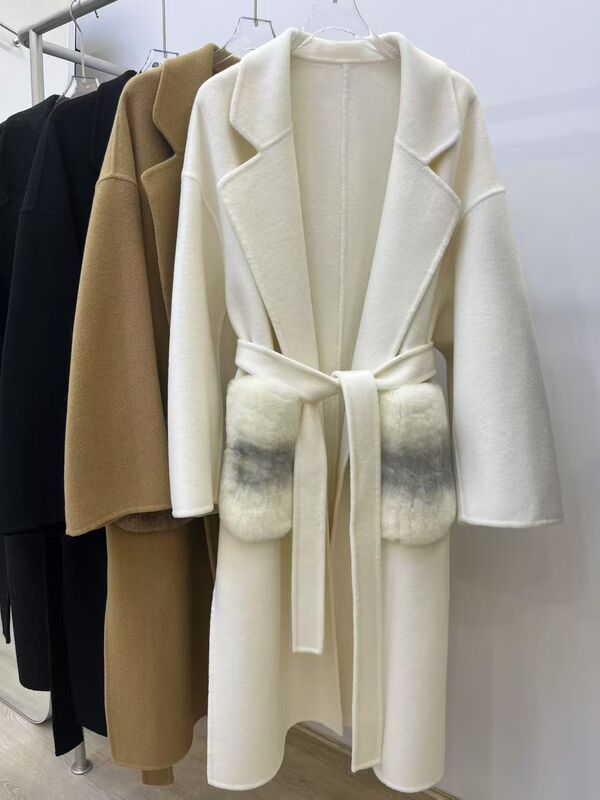 2025 New White Coffee Color [Winter Night Concerto 100% Wool + Chinchilla Rex Rabbit Fur] Double-Sided Nylon Coat