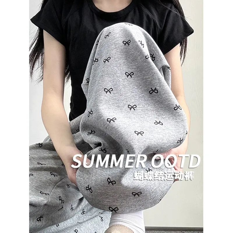 Gray Bow-Knot Floral Wide-Leg Pants for Women, Spring and Autumn 2026 New Style, Slimming, Loose, Casual American-Style Sports Sweatpants Gray Bow-Knot Floral Wide-Leg Pants for Women, Spring and Autumn 2026 New Style, Slimming, Loose, Casual American-Style Sports Sweatpants