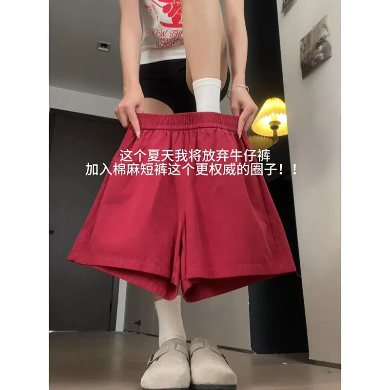 Red Cotton and Linen Shorts for Women, Summer Thin 2025 New Style, High-Waisted, Slimming, Petite, Casual, Sporty, Wide-Leg Pants