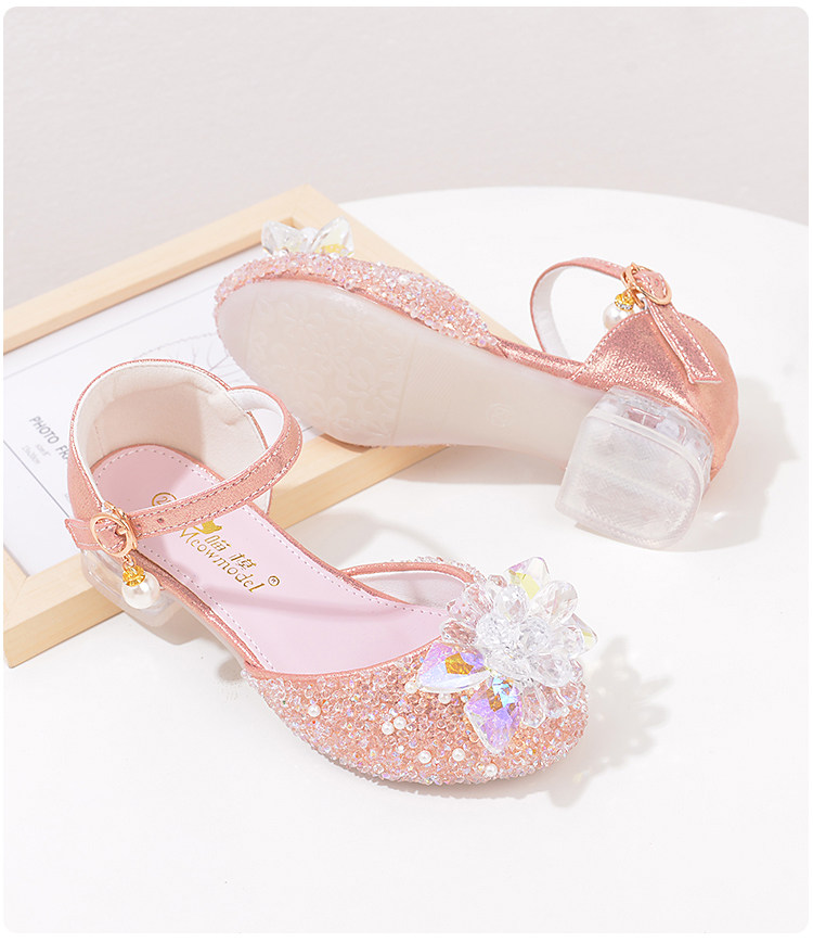 Western Style Children's Princess Shoes Crystal Shoes Girls High Heel Shoes Soft Bottom Elementary School Student Dress Dance Leather Shoes Silver with — 26