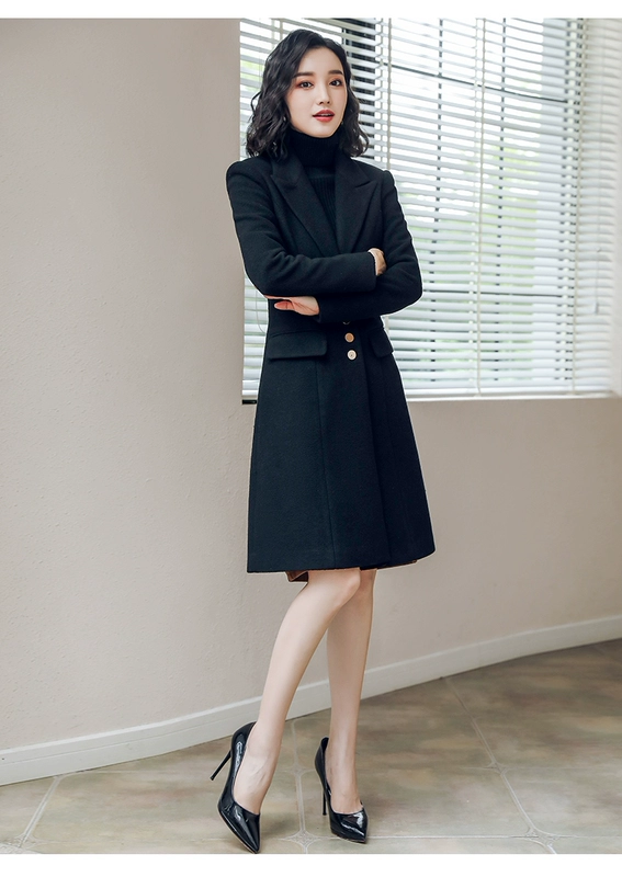Áo khoác len nữ Ai Shangchen áo khoác nữ trong phần dài của thời trang đen eo nữ áo khoác len công cụ mùa thu đông áo khoác dạ nữ trung niên