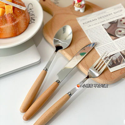 Little Cutie is not just adorable ~ Wooden handle tableware set, chopsticks, forks, desserts, stainless steel Chinese and Western knives, soup spoons