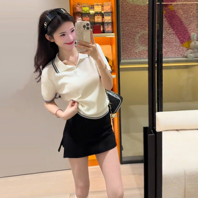 Zhang Yuanying's Same Style Miu-Style Polo Shirt with Contrasting Color Lapel, Short-Sleeved Women's Summer Knitted Slim-Fit Sports Casual Top Zhang Yuanying's Same Style Miu-Style Polo Shirt with Contrasting Color Lapel, Short-Sleeved Women's Summer Knitted Slim-Fit Sports Casual Top