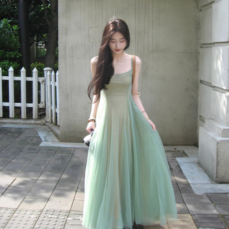 French-Style Stunning Green Mesh Seaside Vacation Slip Dress for Women, Summer Design, Elegant Long Dress Two-Piece Set