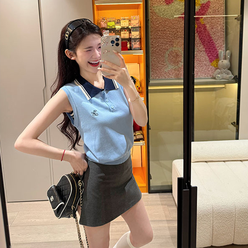 Trendy Pure Desire Style Lapel Sleeveless Knit Vest for Women, Summer Petite Short Slim-Fit Slimming Polo Collar Short-Sleeve Top