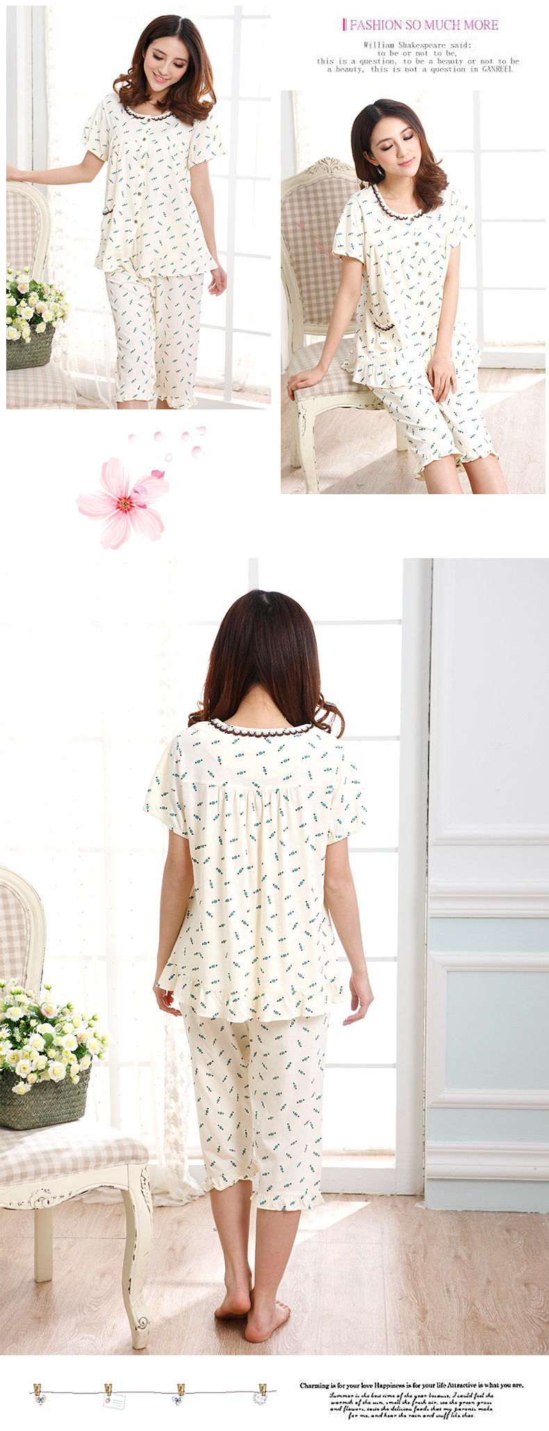 Shaqian chính hãng ngắn tay nightdress nữ cotton mùa xuân và mùa hè ngắn tay cắt quần cardigan cotton đồ ngủ nightdress dịch vụ nhà