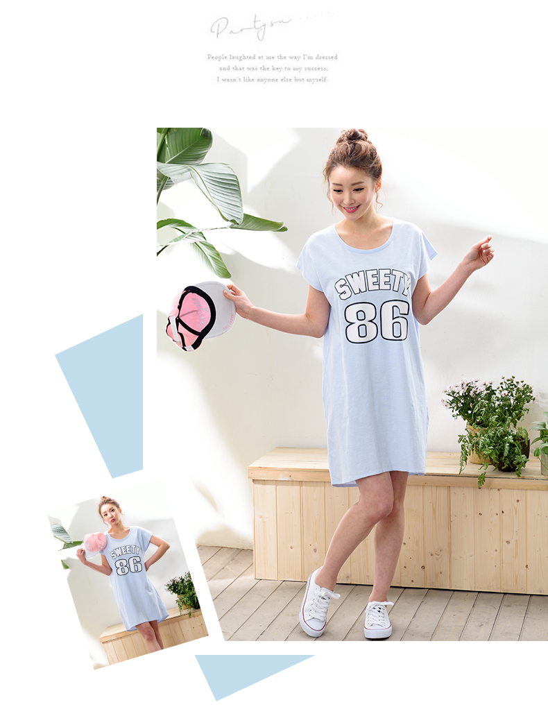 Shaqian đích thực mùa hè cô gái nightdress màu rắn thư knit bông thể thao và giải trí có thể mặc bat tay áo đầm