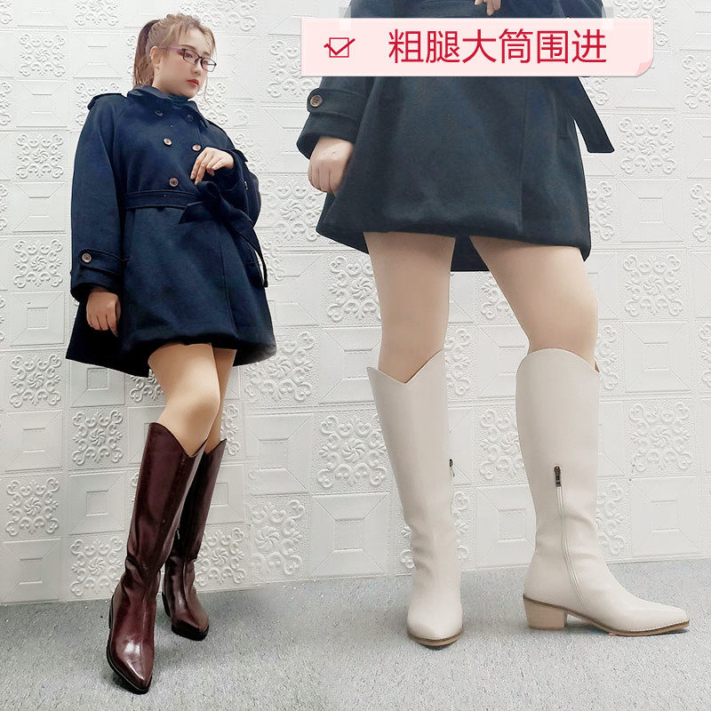 Fat MM, big tube, thick legs, pointed toe, western cowboy women's retro v-mouth boots, but knee long, knight boots, high tube