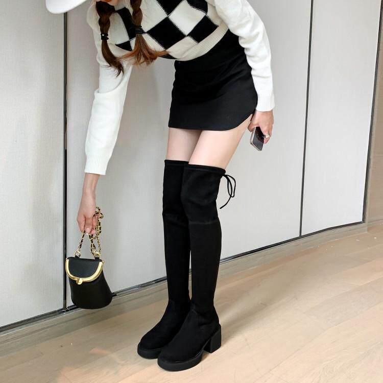 Big tube women's boots spring and autumn style boots long boots thick legs fat mm legs thick over the knee boots elastic chunky heel high heels