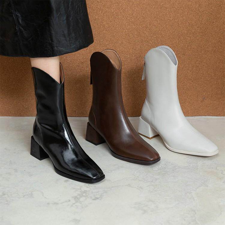 Spring and Autumn Single Boots Beige Autumn High Heel Thick Heel Middle Heel Square Toe Booties V Mouth Riding Boots Brown Boots Short Boots Women