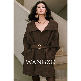 Wangxo｜Luxurious Shiny Silk Modal Thick Knit｜Large Lapel with Diamond Buttons, Tie Waist, Wide-Fit Sweater Cardigan