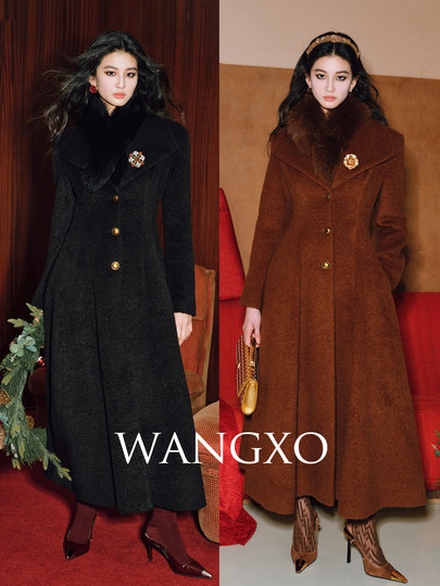 Wangxo｜Luxurious Alpaca Wool and Rabbit Fur｜Eight-Piece Segmented Design｜Long-Haired Feel, Waist-Cinching Lapel Coat