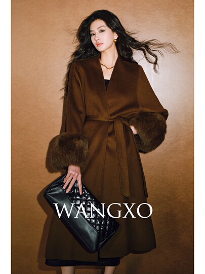 Wangxo｜Luxurious All-Wool Stand-Up Collar｜Fox Fur Cuffs｜Bathrobe-Style Belted Long Double-Sided Wool Coat