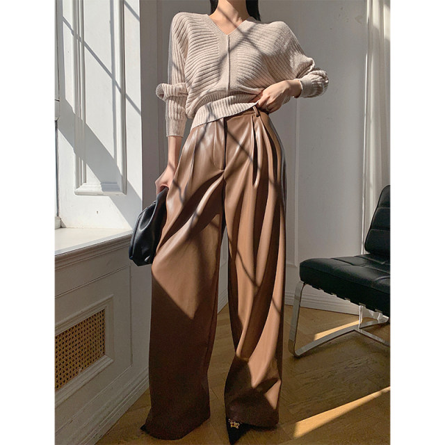 WANGXO red retro PU leather pants women's spring 2023 new high-waisted wide-leg pants casual straight-leg mopping trousers